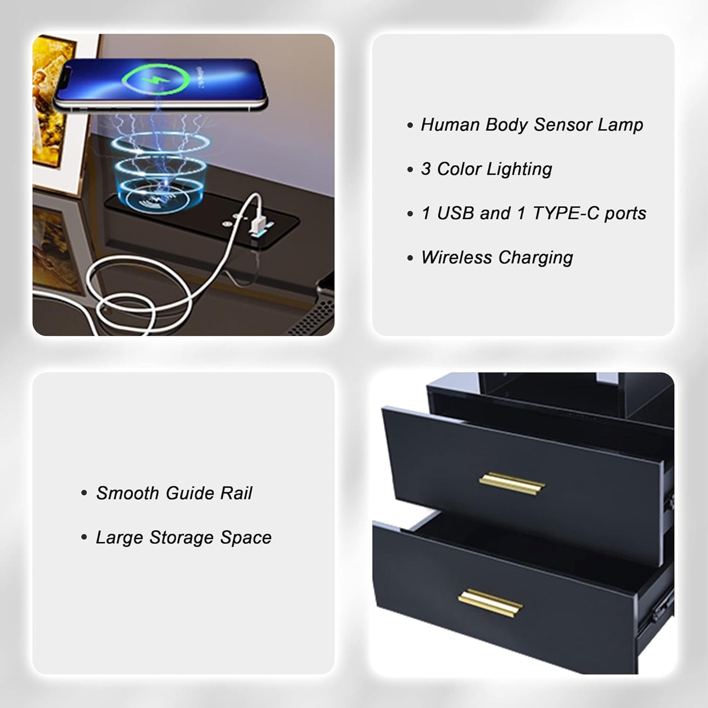 Auto LED Nightstand with Wireless Charging Station & USB Ports,High Gloss Bedside Tables with 2 Drawers,Floating Nightstand with 3 Color & Adjustable Brightness Embedded LED Light Strip