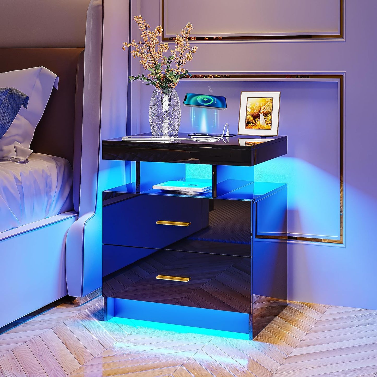 Auto LED Nightstand with Wireless Charging Station & USB Ports,High Gloss Bedside Tables with 2 Drawers,Floating Nightstand with 3 Color & Adjustable Brightness Embedded LED Light Strip