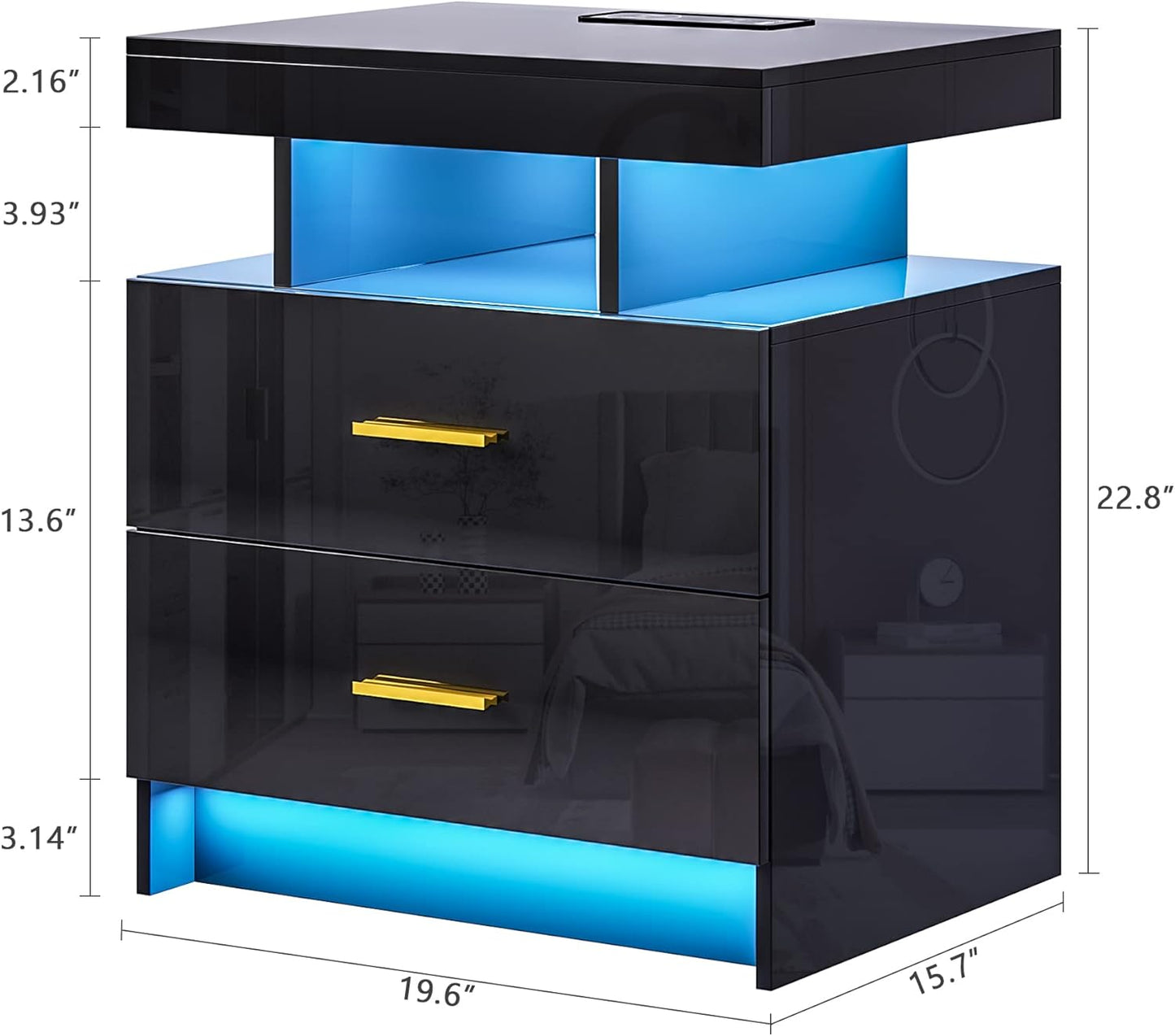 Auto LED Nightstand with Wireless Charging Station & USB Ports,High Gloss Bedside Tables with 2 Drawers,Floating Nightstand with 3 Color & Adjustable Brightness Embedded LED Light Strip