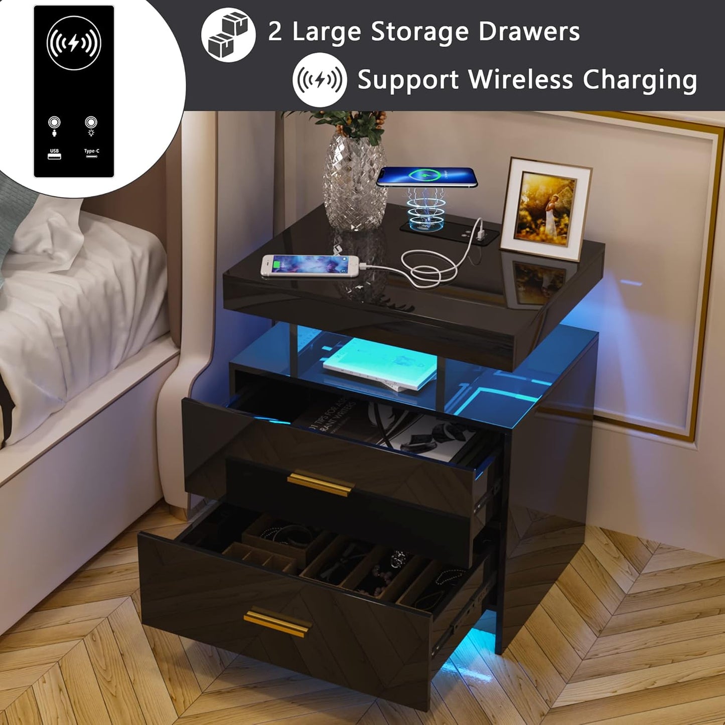 Auto LED Nightstand with Wireless Charging Station & USB Ports,High Gloss Bedside Tables with 2 Drawers,Floating Nightstand with 3 Color & Adjustable Brightness Embedded LED Light Strip