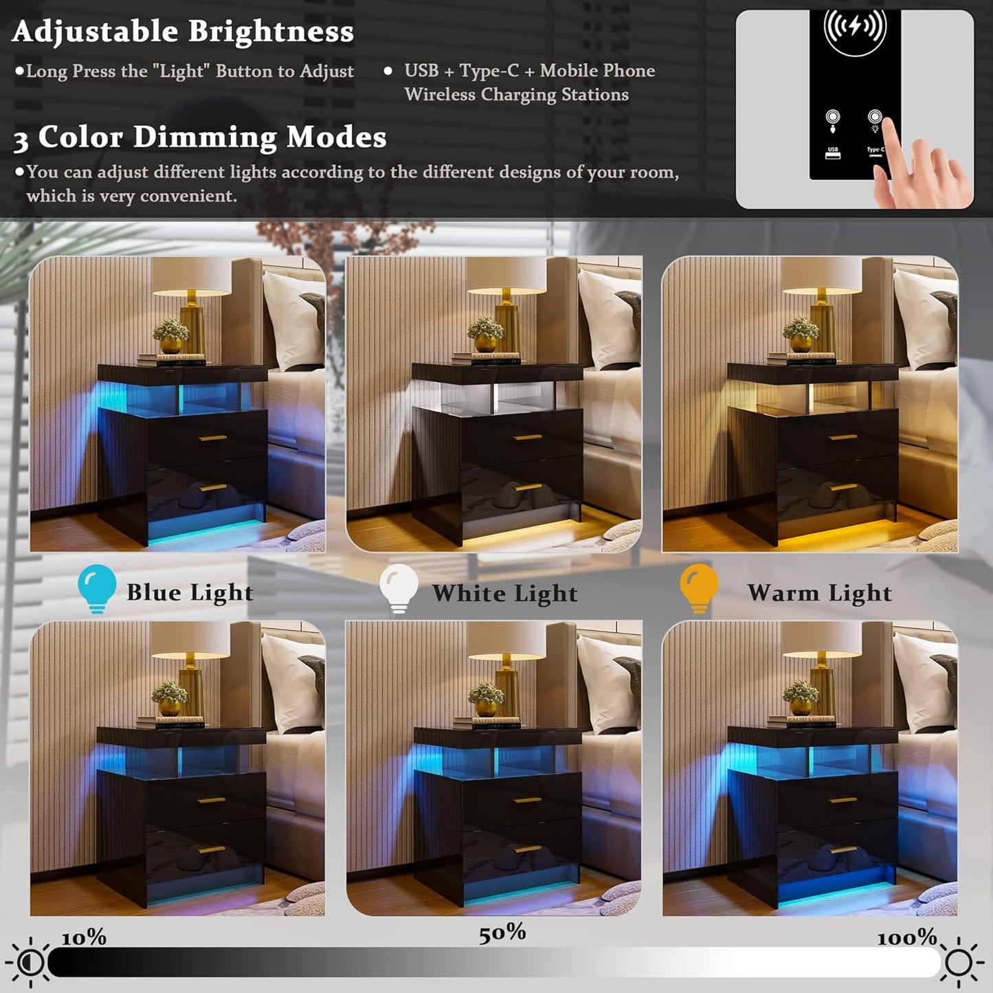 Auto LED Nightstand with Wireless Charging Station & USB Ports,High Gloss Bedside Tables with 2 Drawers,Floating Nightstand with 3 Color & Adjustable Brightness Embedded LED Light Strip