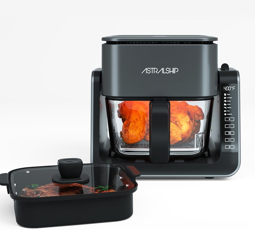 4.2 QT+1.3 QT Small Air Fryer non toxic, 2-in-1 Glass Air Fryer & Grill Pan Combo for kitchen, 7 Presets, 105-450℉