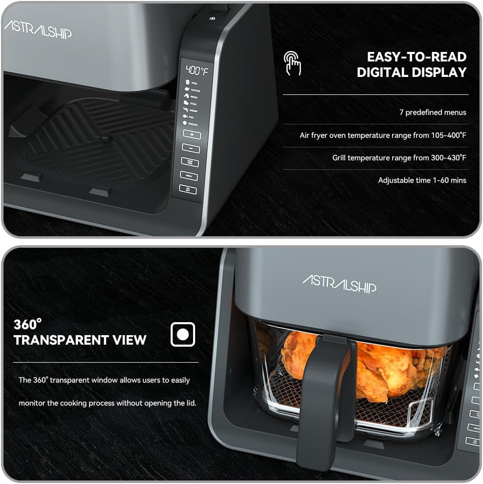 4.2 QT+1.3 QT Small Air Fryer non toxic, 2-in-1 Glass Air Fryer & Grill Pan Combo for kitchen, 7 Presets, 105-450℉