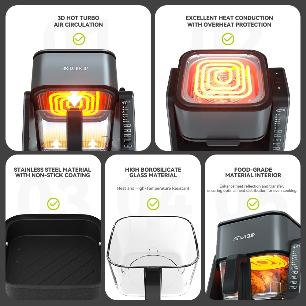 4.2 QT+1.3 QT Small Air Fryer non toxic, 2-in-1 Glass Air Fryer & Grill Pan Combo for kitchen, 7 Presets, 105-450℉