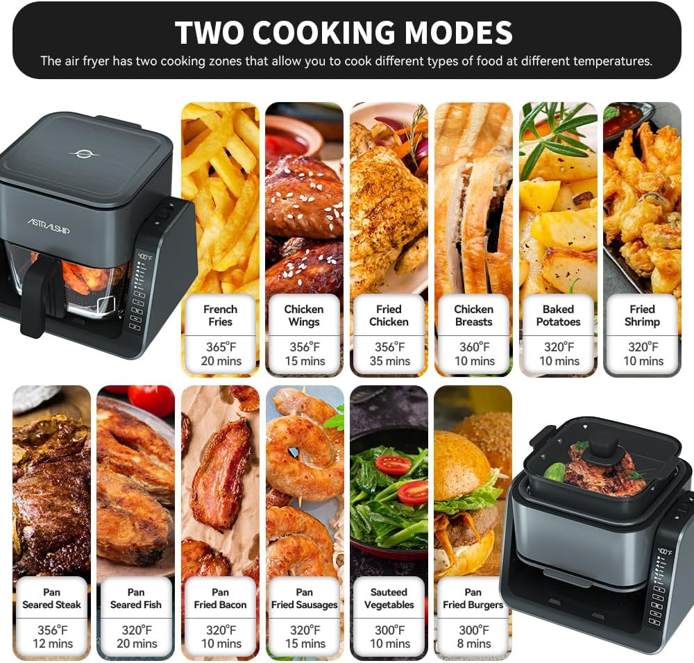 4.2 QT+1.3 QT Small Air Fryer non toxic, 2-in-1 Glass Air Fryer & Grill Pan Combo for kitchen, 7 Presets, 105-450℉