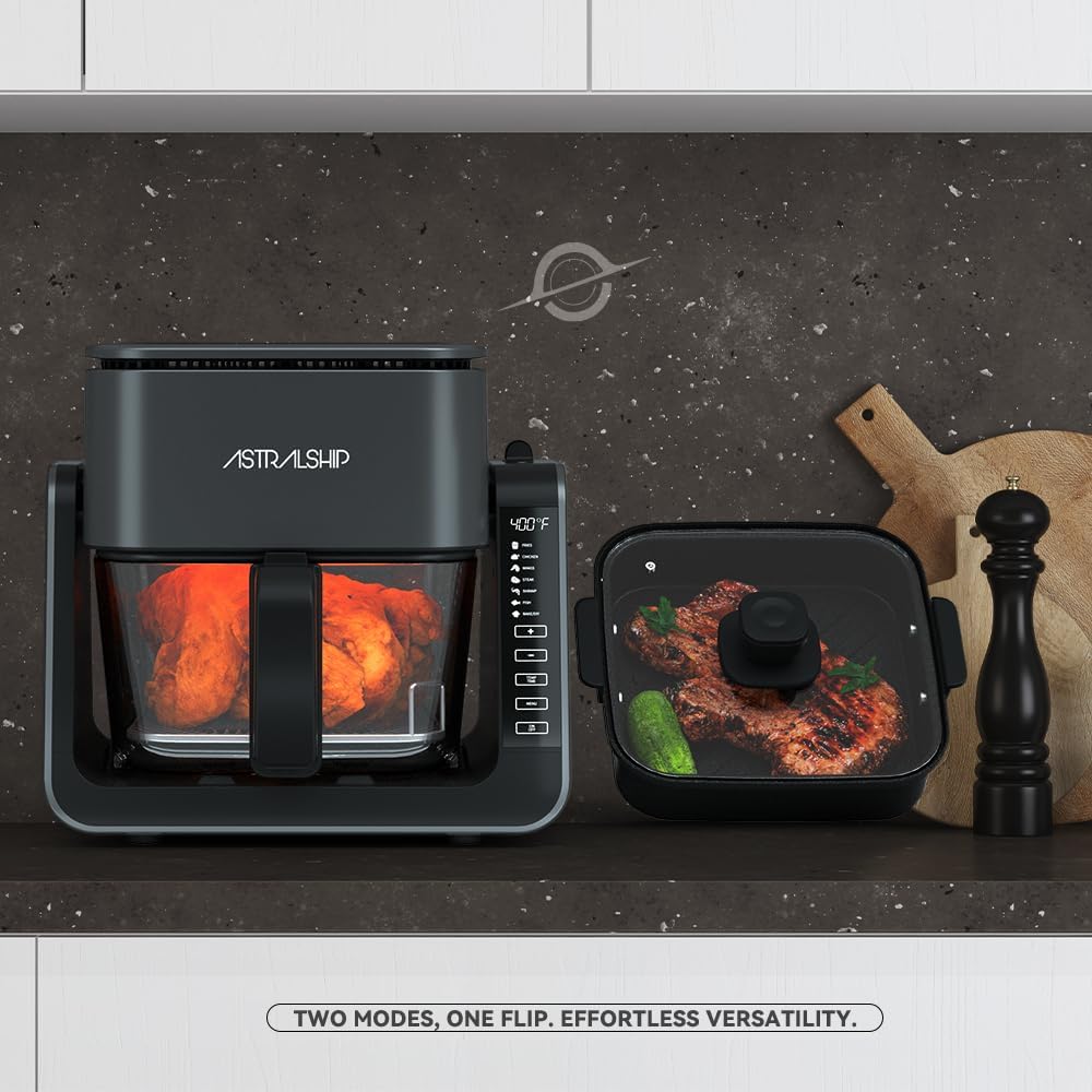 4.2 QT+1.3 QT Small Air Fryer non toxic, 2-in-1 Glass Air Fryer & Grill Pan Combo for kitchen, 7 Presets, 105-450℉