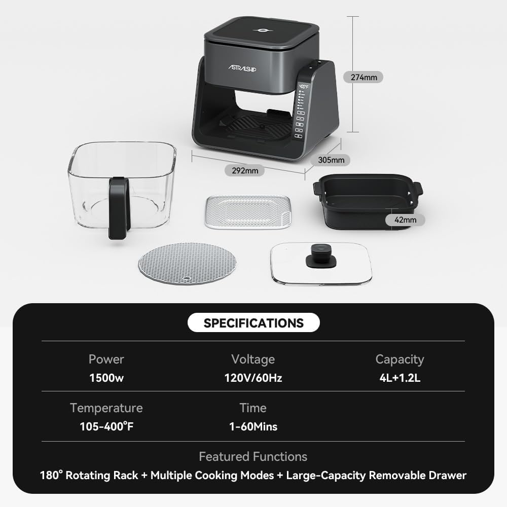 4.2 QT+1.3 QT Small Air Fryer non toxic, 2-in-1 Glass Air Fryer & Grill Pan Combo for kitchen, 7 Presets, 105-450℉