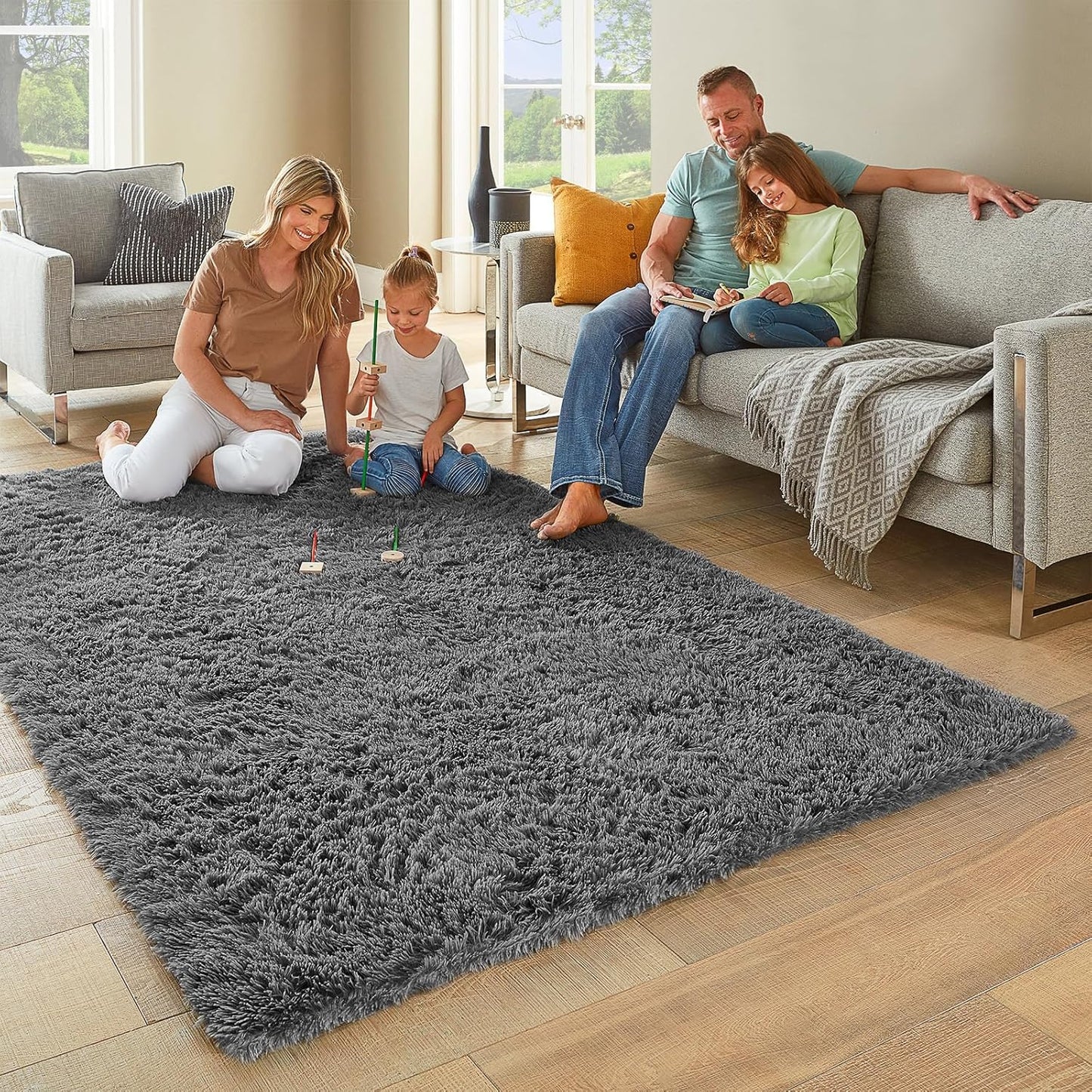 Ophanie Area Rugs for Bedroom Room, Grey Fluffy Fuzzy Shag Shaggy Soft Plush Carpet, 4x6 Indoor Floor Gray Rug for Kids Home Dorm Decor Aesthetic