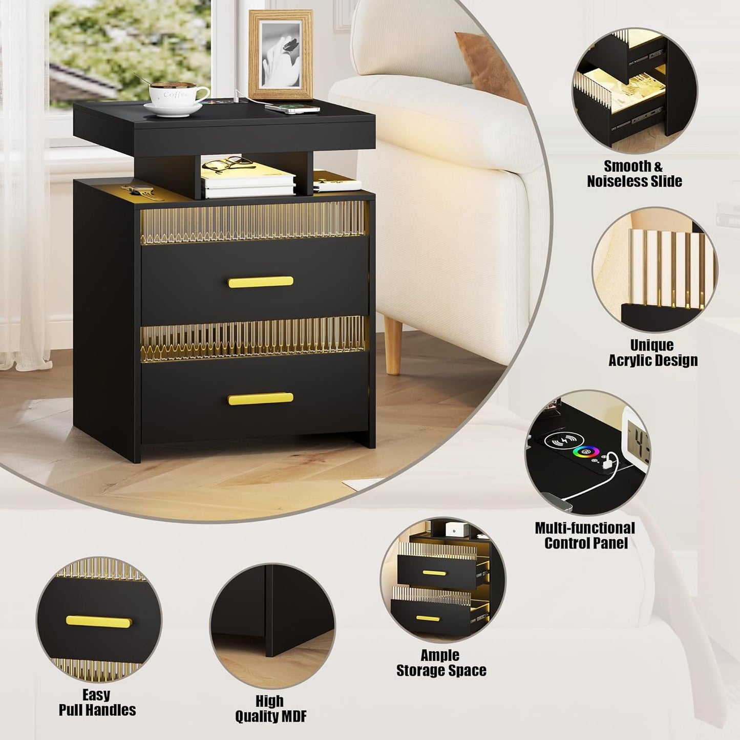 Nightstand with Charging Station and LED Lights, Night Stand with 2 Drawers, Wood Smart Bedside Table, Modern Bed Side Table for Bedroom, Black