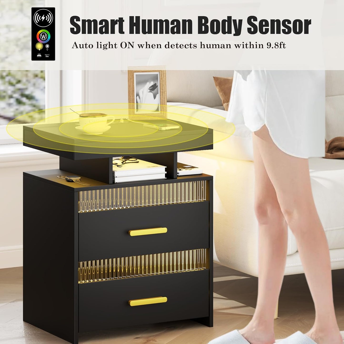 Nightstand with Charging Station and LED Lights, Night Stand with 2 Drawers, Wood Smart Bedside Table, Modern Bed Side Table for Bedroom, Black