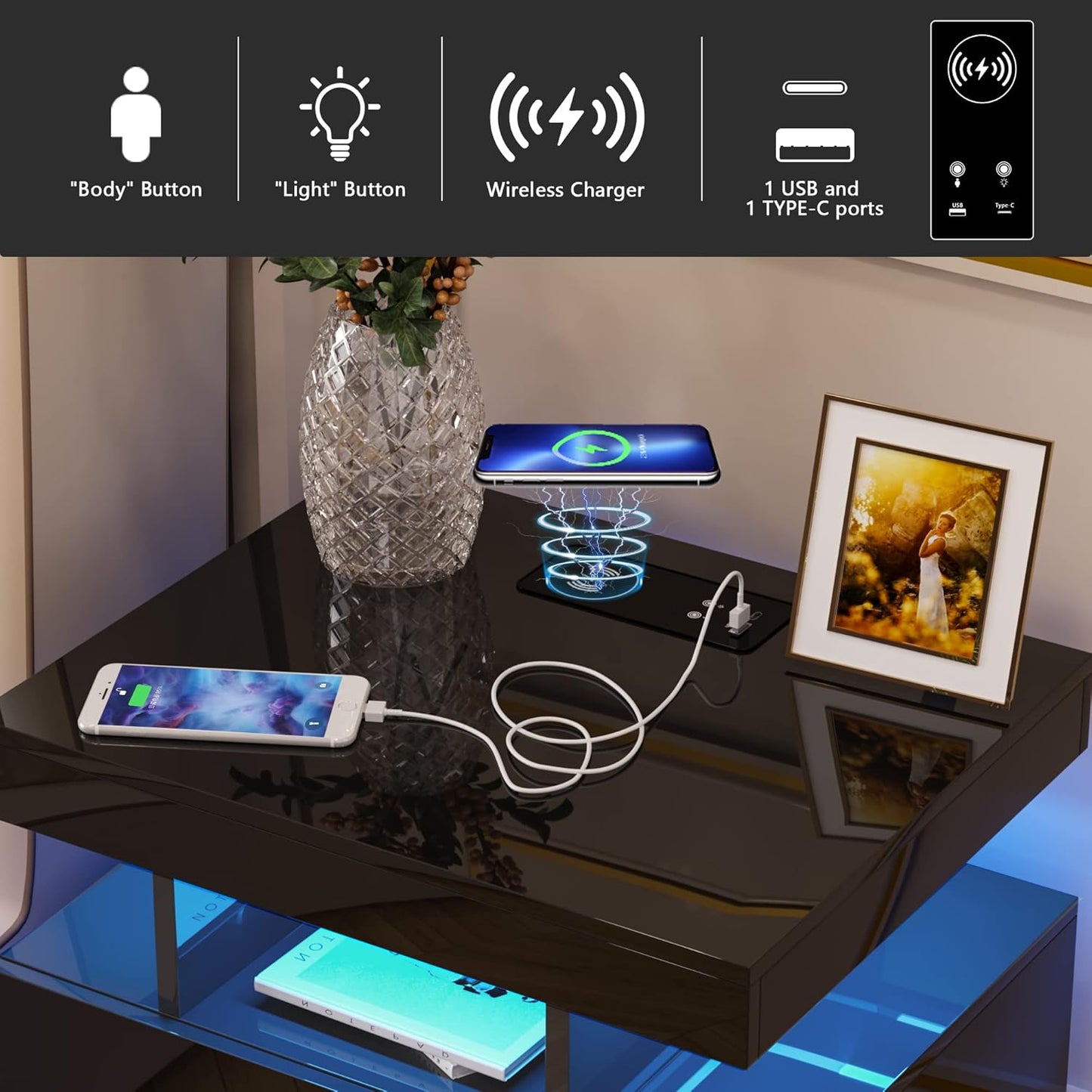 Auto LED Nightstand with Wireless Charging Station & USB Ports,High Gloss Bedside Tables with 2 Drawers,Floating Nightstand with 3 Color & Adjustable Brightness Embedded LED Light Strip