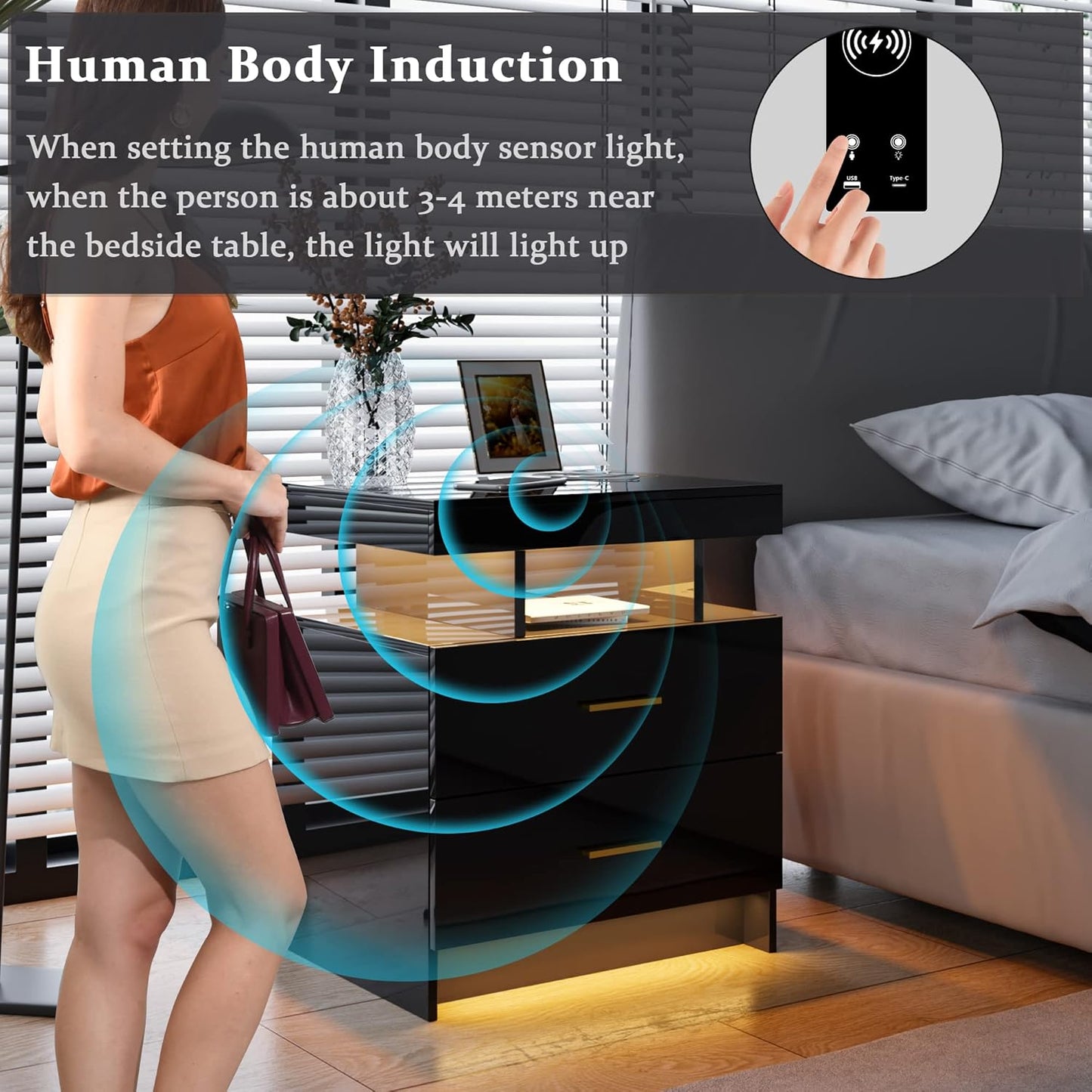 Auto LED Nightstand with Wireless Charging Station & USB Ports,High Gloss Bedside Tables with 2 Drawers,Floating Nightstand with 3 Color & Adjustable Brightness Embedded LED Light Strip