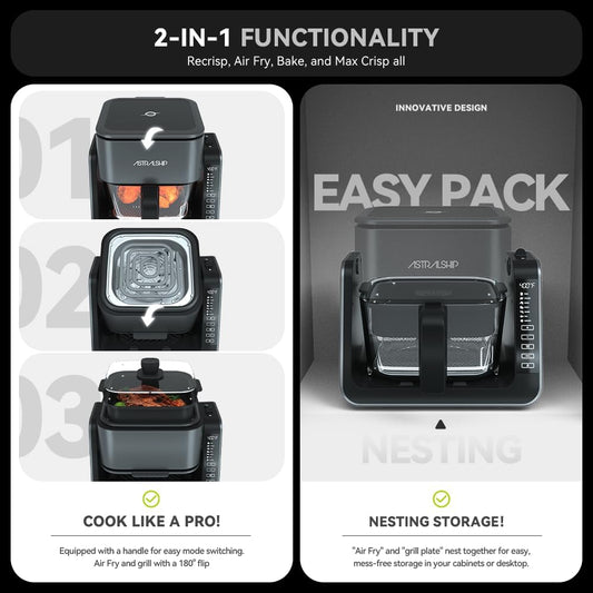 4.2 QT+1.3 QT Small Air Fryer non toxic, 2-in-1 Glass Air Fryer & Grill Pan Combo for kitchen, 7 Presets, 105-450℉