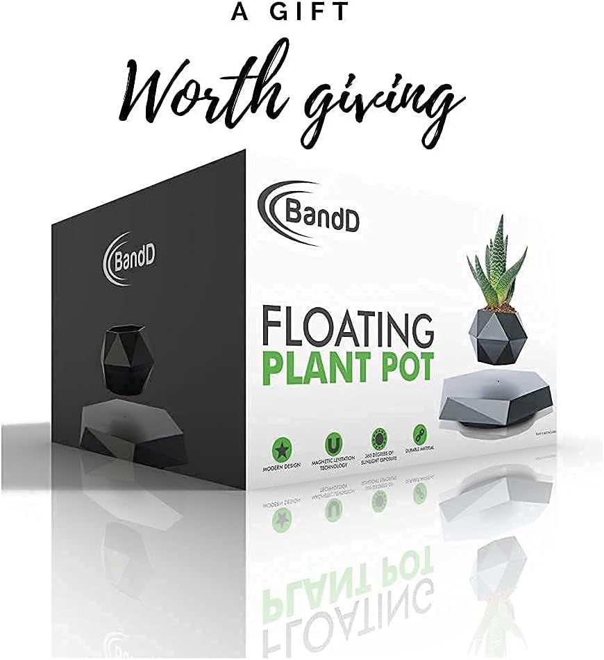 BandD Levitating Plant Pot - Floating Plant Pot for Small Plants. Levitating Decor for Home & Office Magnetic Floating Levitating Display (Black)